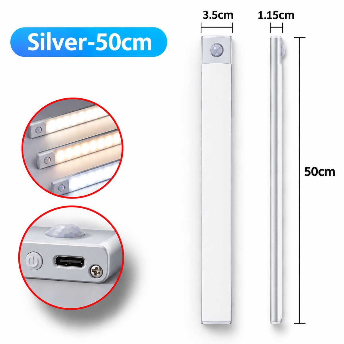 Motion Sensor LED Bar Light – USB Rechargeable Under Cabinet & Wardrobe Lamp