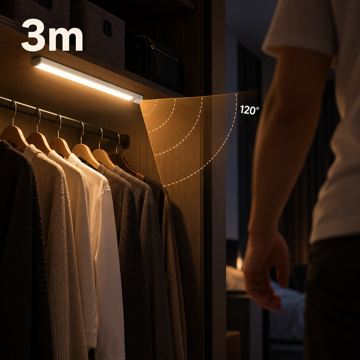 A smart closet light shown in a real bedroom/closet environment, illuminating hanging clothes. The image includes overlaid marketing graphics: '3m' for the light distance and '120°' with curved lines showing the wide coverage area.