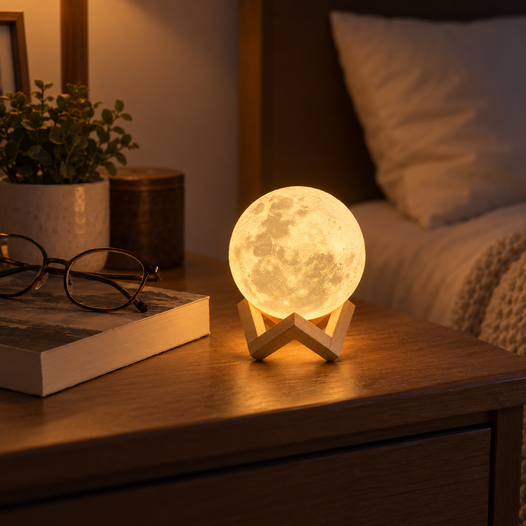 3D Moon Lamp – Lunar Night Light & Book Light with Stand