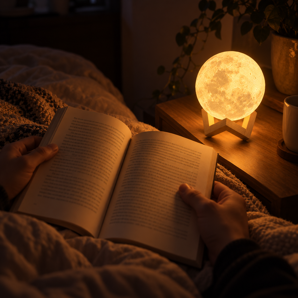 3D Moon Lamp – Lunar Night Light & Book Light with Stand